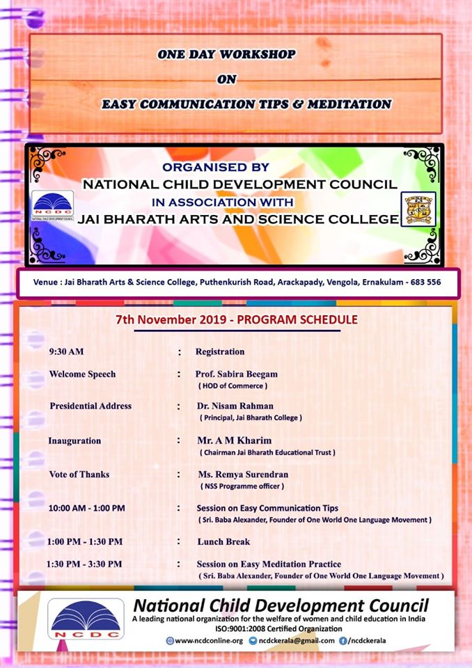 Workshop on Easy Communication Tips and Meditation @ Jai Bharath College in Ernakulam